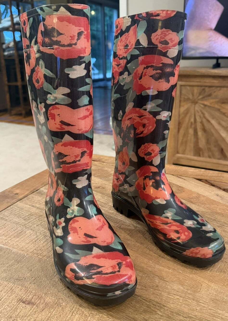 Lauren Ralph Lauren Floral Rain Boots Women’s EU 39 Black Red Tall Rubber Boots